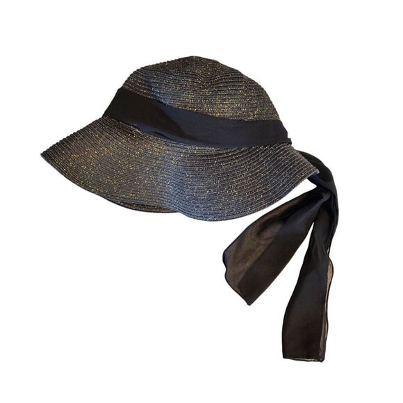 Black Gold Metallic Weaved Wide Brim Straw Sun Hat With Black Ribbon - Picture 2 of 8